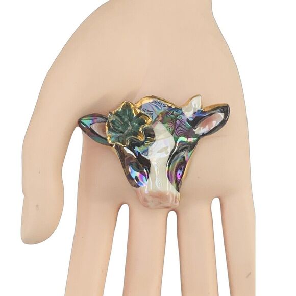 Vintage Cow Slide Button Cover 1.75" 14kt Gold Plated Enamel Figural Jewelry - Picture 2 of 9